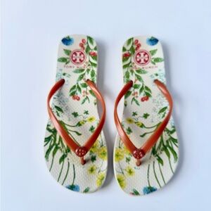 Tory Burch White Floral Flip Flop Sandals with Orange Straps size 7 Summer Resor